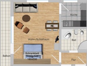 Ferienwohnung 55qm mit Südbalkon/Bergblick, max. 5 Personen-Grundriss ca. 55 qm (nicht maßstabsgerecht)