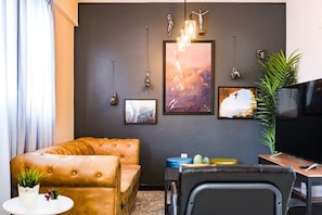 A cozy sitting area with a Smart TV