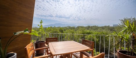 View of mountains and jungle from the large outdoor terrace