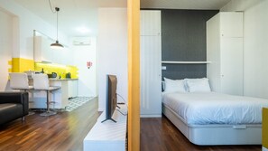 Overview of the apartment's layout, divided by a wooden wall partition #modern #simple
