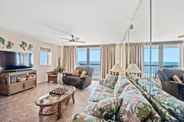 The ocean front living room is fabulous for movie night with the family.