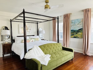 Luxe King Bedroom: Blackout Blinds/Curtains, Smart TV, Armoire and Desk.