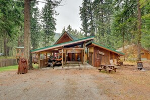 Cabin Exterior | Private Hot Tub | Game Room | Forest Views