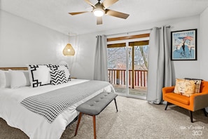 Bedroom 1 with king bed & private deck overlooking Lake Windsor!