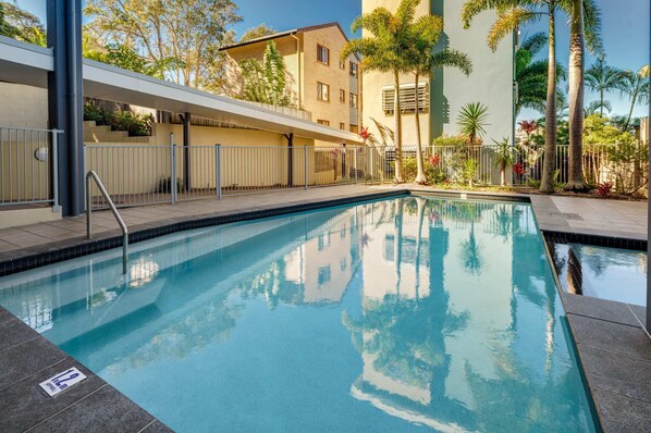 The lovely complex pool area with an attached heated spa.
