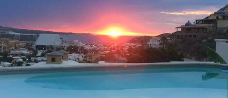 Sunrise on our upper level with beach entry pool