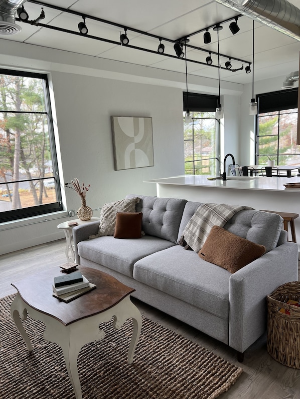 Oversized windows w/ blackout shades flood living/dining space with light