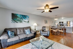 Living Room | 3rd-Floor Condo | Smart TV | Electric Fireplace