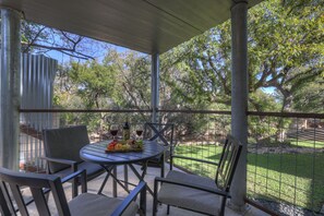 Outdoor space with seating for four.