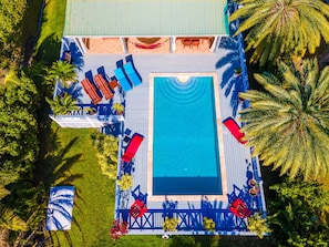 Aerial view of deck and pool