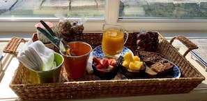 Breakfast with vegetables/ fruit from our garden and homemade family recipes.