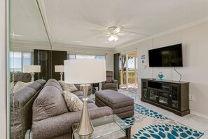 An ocean front balcony is off the living area and the master bedroom