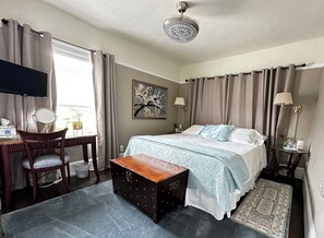 Plush king bed, black out curtains and Smart TV, desk 