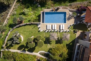 Bird's eye view from the outdoor pool grounds. 