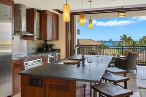 Counter seating means time visiting with the chef, and taking in ocean views.