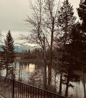 View from deck of the river and mountains.
