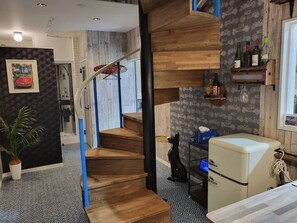 Refrigerator, microwave, spiral staircase