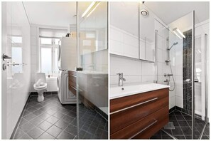 Fully tiled bathroom with heated floor. Enjoy a comfortable stay while visiting Bergen!