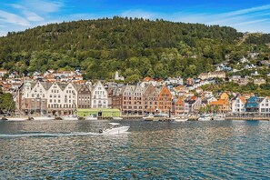 Bryggen and Fløyen, seen from the sea, are Bergen's two main tourist attractions.