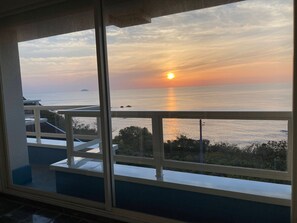 You can clearly see the sunset and the fireworks.