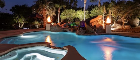 Exquisite Backyard Oasis - pool, spa, waterslide, water & fire bowl, and more!