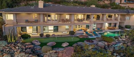 Birds eye view of amazing two-story home & amenity filled backyard