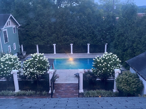 Pool view from upstairs at dusk