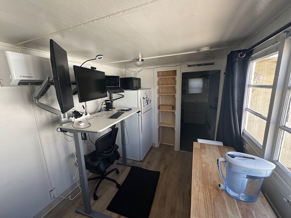 Kitchen and Office Space Combo Room, Powerful Split AC/Heater, Shelves