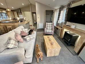 Well furnished lounge with mock log burner and Smart tv. Upto 2 dogs are welcome