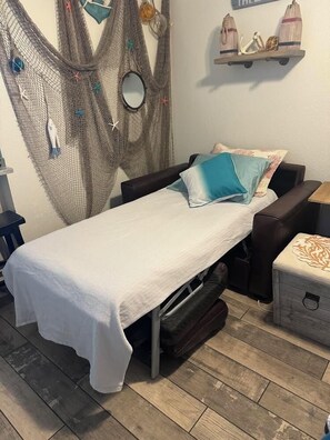 Twin pull-out loveseat for 1 adult to sleep on. 