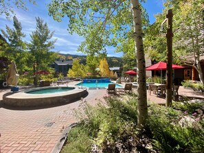 Private patio view of the pool and hot tubs from Dakota 8450 #fall