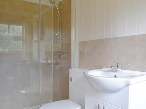 Tiled shower room | Shepherds Lodge - Morrells Wood Farm, Leighton, near Shrewsbury