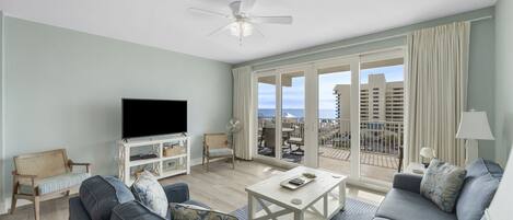 Living Area with Ocean Views, Flat Screen TV, Sleeper Sofa and Private Balcony Access