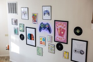 Decorative wall posters and photo frames.