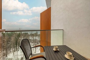 The balcony's stylish design complements the apartment's decor. 