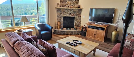Living room with gas fireplace,
55" smart TV and VIEWS! Click pics to enlarge!
