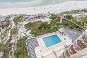 Views of the Hidden Dunes Pool (heated seasonally), kiddie pool, hot tub, and seating areas over looking the Gulf of Mexico!