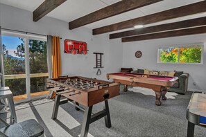Game room with pool, foosball, basketball, darts, air hockey and karaoke