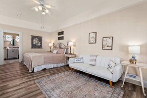 The Cottage at Garrison in Gruene is thoughtfully designed to create an atmosphere of serenity, with open layouts that invite a sense of relaxation.