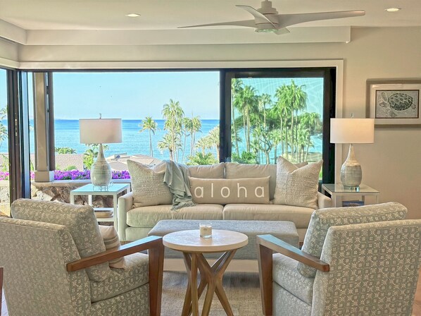 The comfy living area boasts 180 degree ocean views