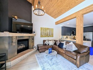 Relax by the fire on a snowy day in