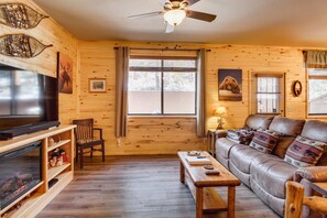 Enjoy the fireplace while watching Dish Network or streaming.