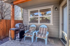 Propane grill and seating outdoors