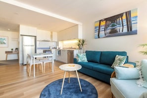 Living area and full kitchen