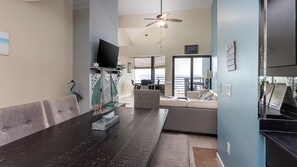 The open concept invites family togetherness with not one but two dining areas surrounding the 