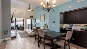 Enjoy dinner for six at the large dining room table