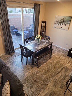 Dining room and backyard seen from the stairs