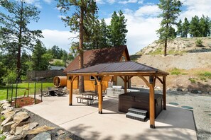 Outdoor kitchen & entertainment island. BBQ/refrigerator/sink/pizza oven.