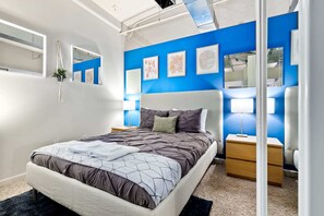 Bedroom #1 (Blue Room) with foam mattress & foam mattress topper.