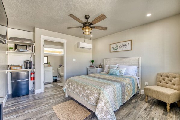 In the room you will find a smart tv, mini fridge/freezer, microwave, and Keurig coffee maker with tea and coffee